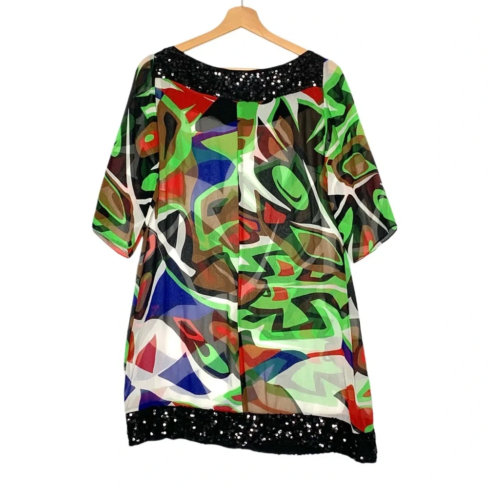 Cache Vintage Sequin Geometric Printed Sheer Silk Dress Size Small